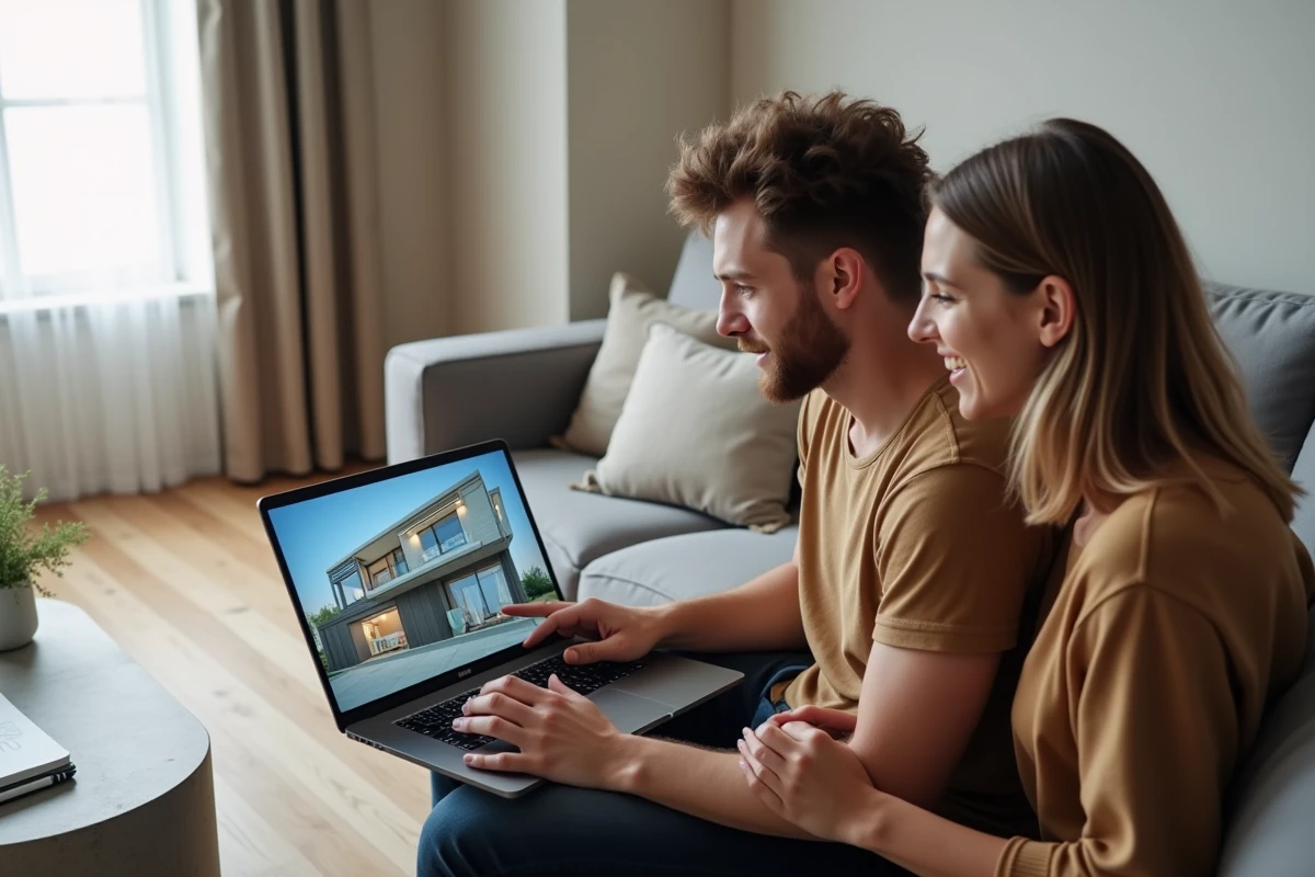 Couple utilisant ensemble un logiciel de création de plan de maison en ligne en 3D gratuit sur un ordinateur portable dans un salon moderne et minimaliste