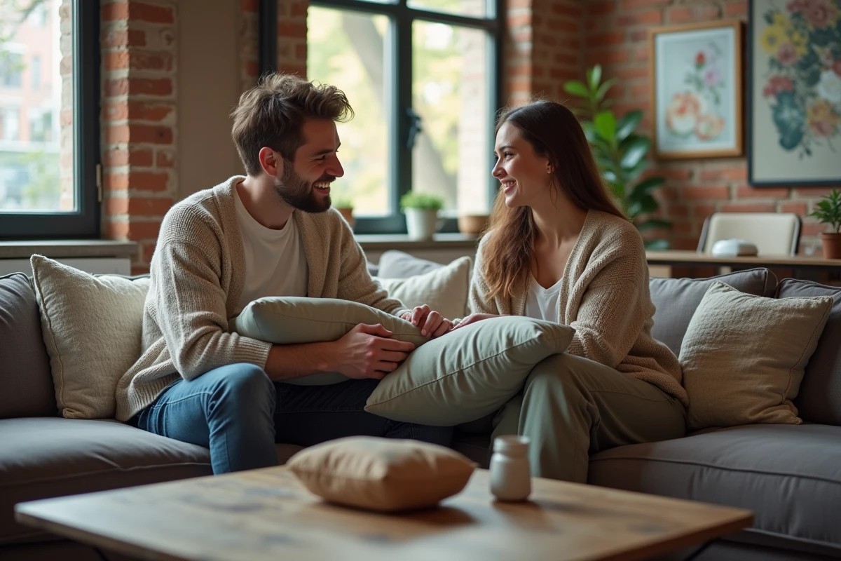 Jeune couple arrangeant des coussins sur un canapé