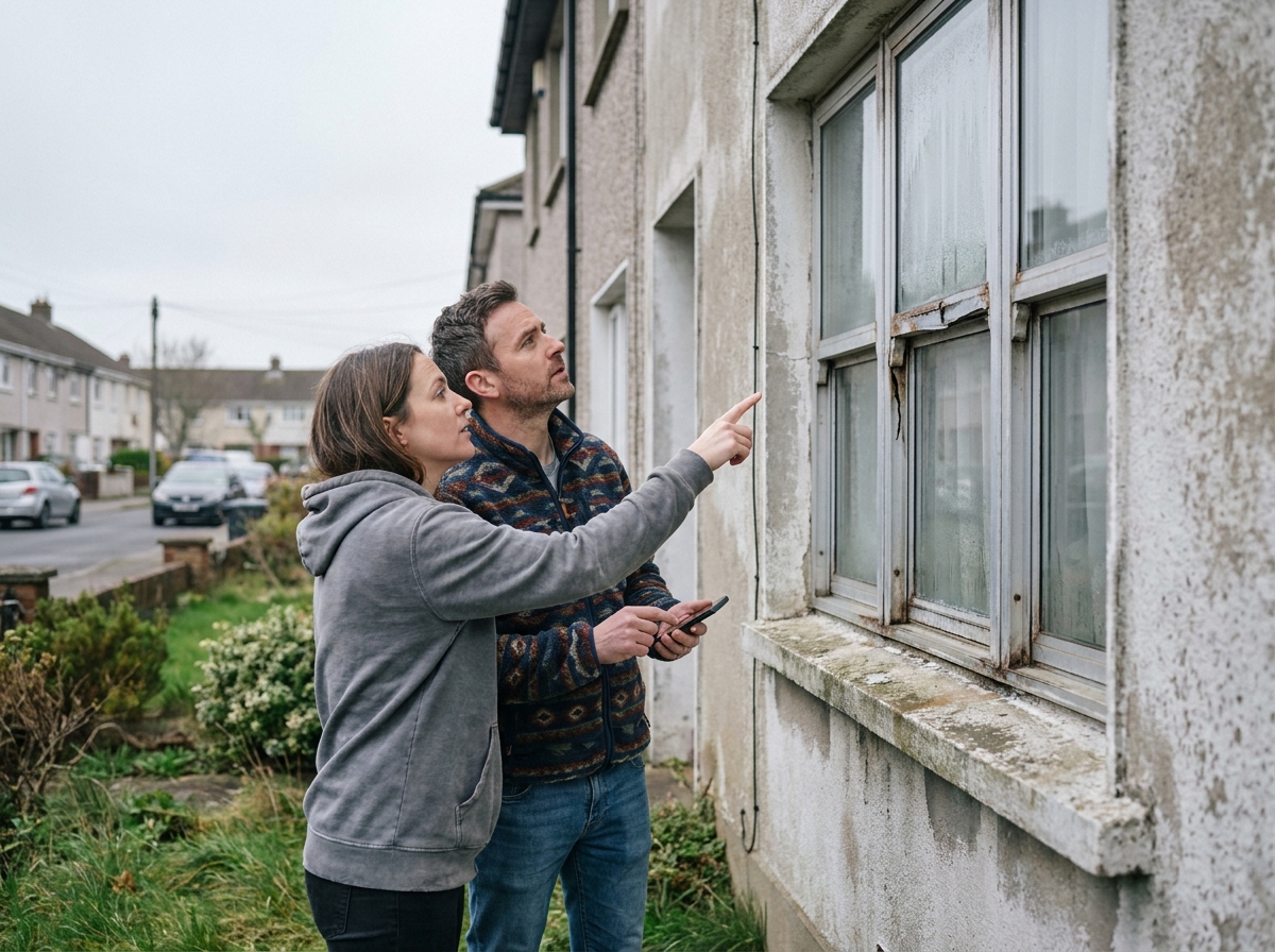 Couple inspectant une vieille fenêtre abîmée sur la façade de leur maison avant travaux de remplacement