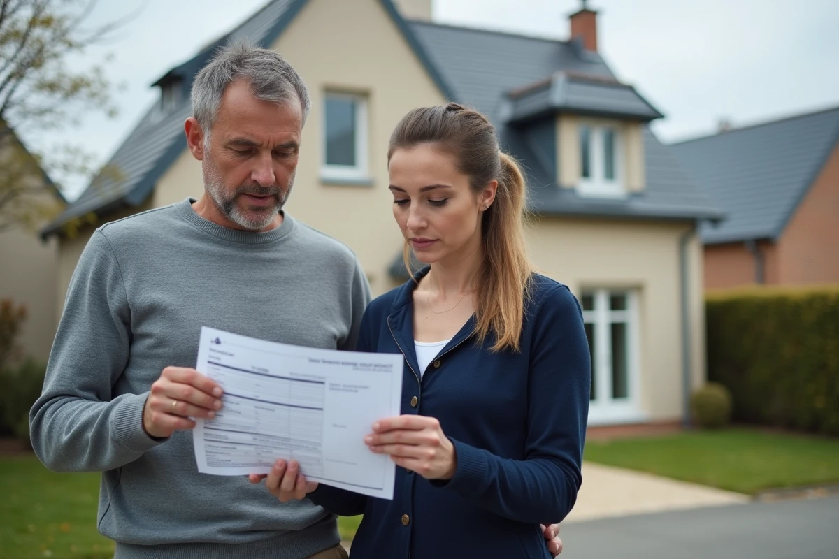 Couple de propriétaires devant leur maison de 120m2 en train d'examiner un contrat d'assurance habitation