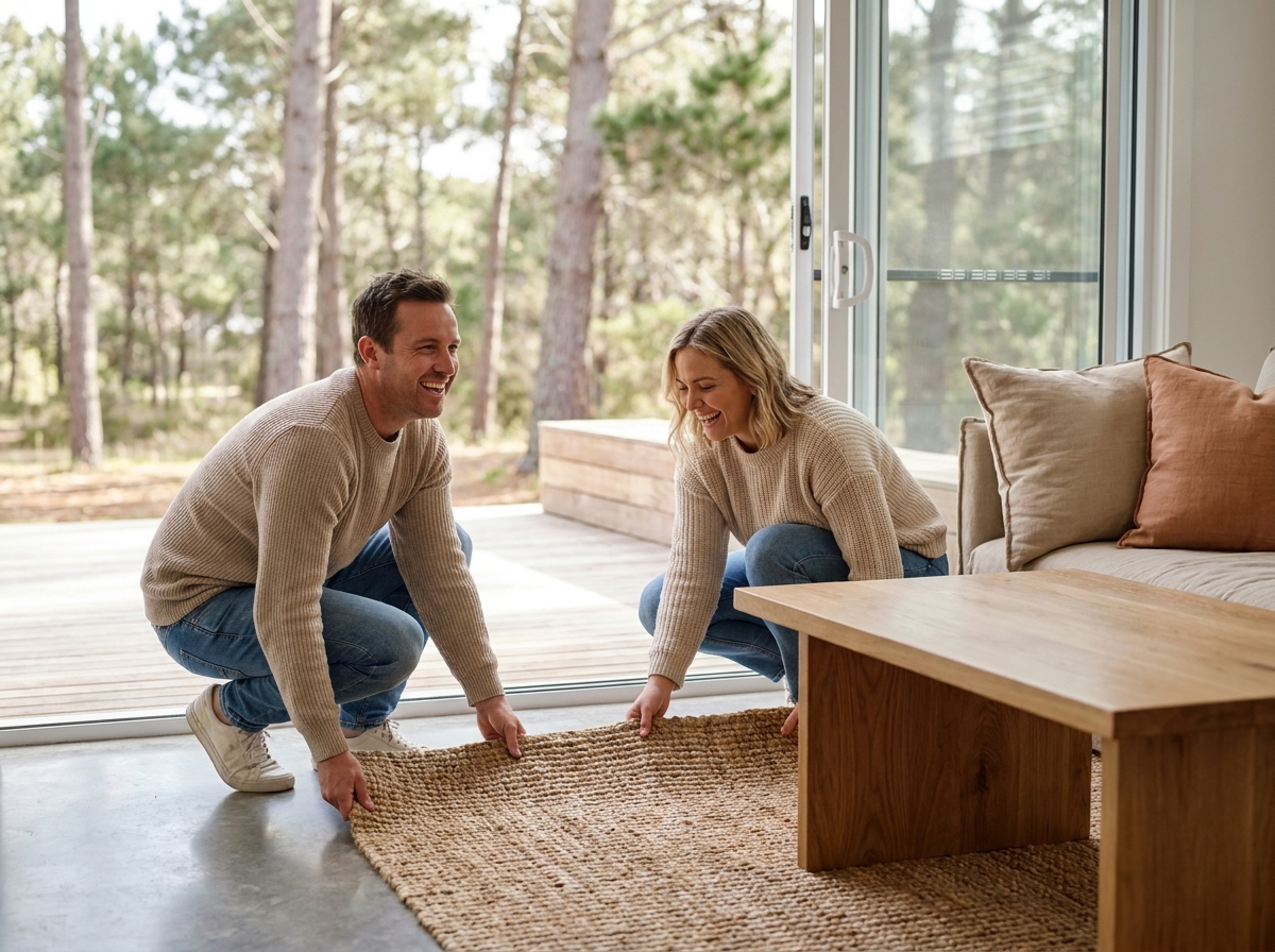 Couple réaménageant leur salon dans une villa du Bassin d'Arcachon avec un tapis en jute et une décoration naturelle pour renouveler l'ambiance