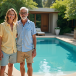 Couple souriant près d'une piscine d'eau salée en été