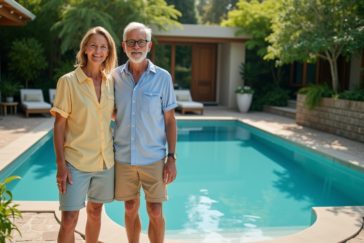 Couple souriant près d'une piscine d'eau salée en été