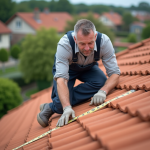 Ouvrier couvreur sur un toit en tuiles rouges en extérieur