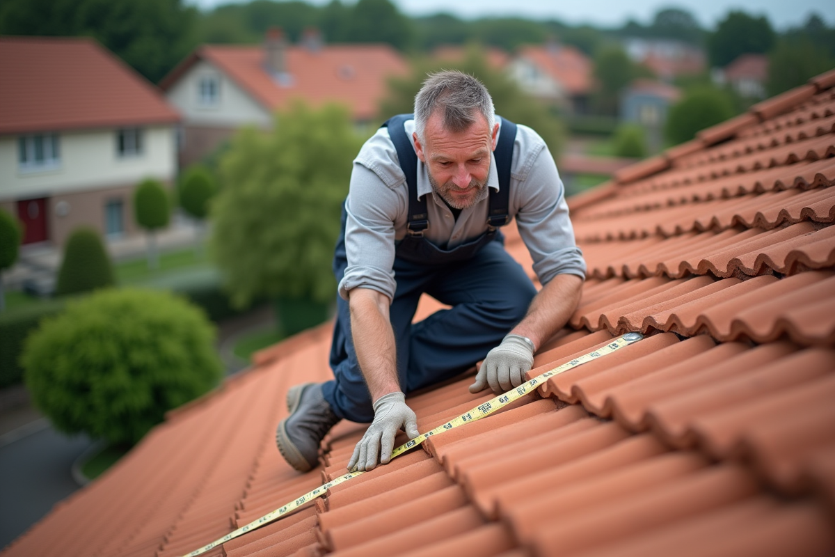 Ouvrier couvreur sur un toit en tuiles rouges en extérieur