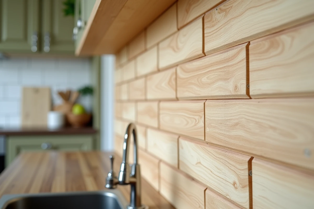 Gros plan sur des dalles PVC effet bois installées en crédence de cuisine avec surface hydrofuge