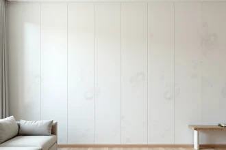 Dalle PVC murale blanche installée dans un salon de location meublé avec mobilier minimaliste