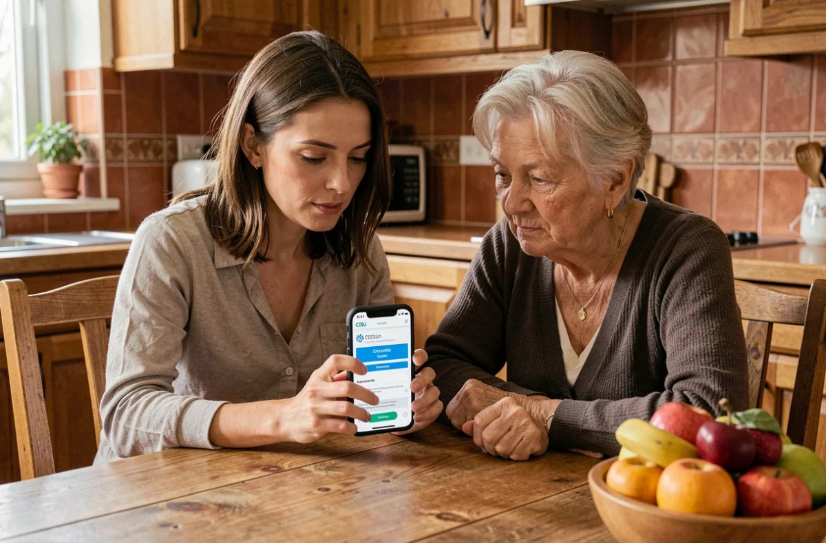Employeuse et femme de ménage consultant ensemble la plateforme CESU en ligne sur un smartphone à la table de cuisine