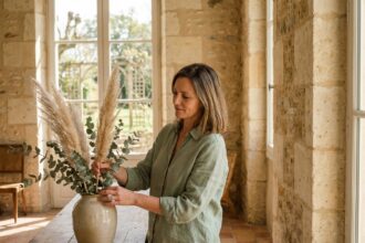 Femme arrangeant des plantes séchées dans un intérieur en pierre de Bordeaux pour transformer l'ambiance de sa maison en Gironde
