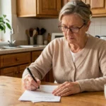 Femme remplissant un formulaire de demande d'aide ménagère à domicile