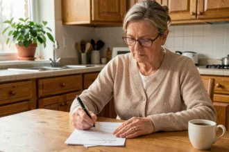 Femme remplissant un formulaire de demande d'aide ménagère à domicile