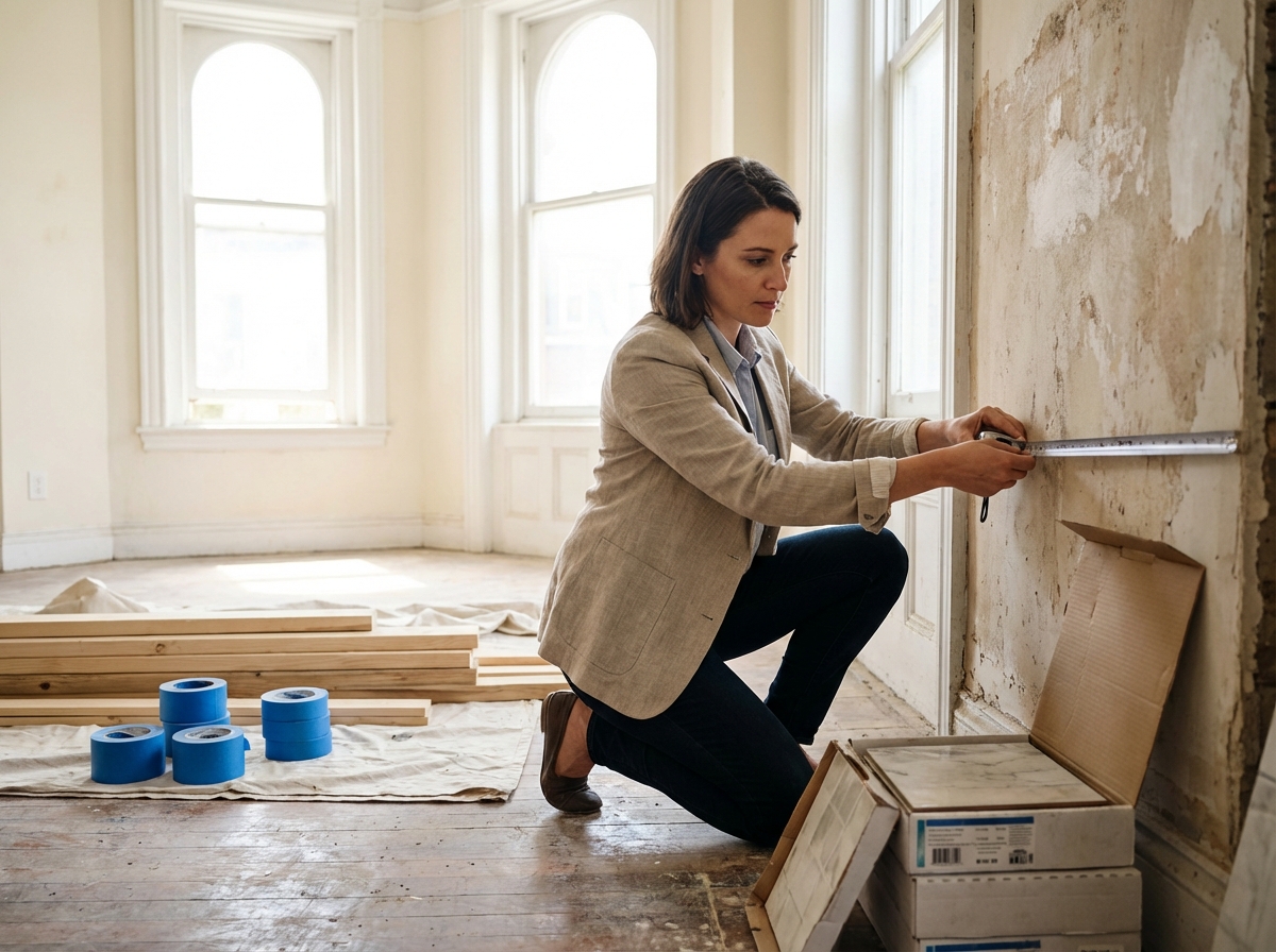 Femme architecte en vêtements professionnels mesure un mur dans un appartement en rénovation