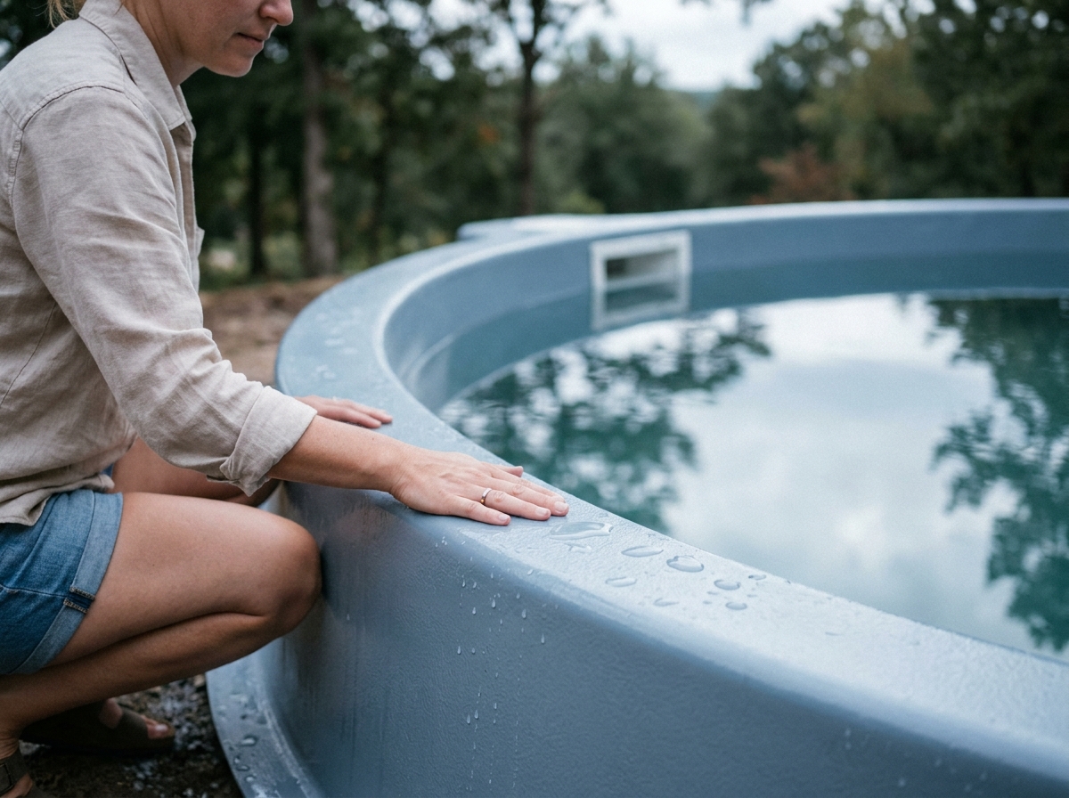 Détail de la coque en fibre de verre d'une piscine avec femme inspectant la finition gel-coat