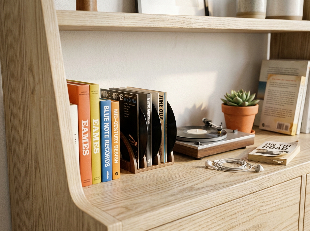 Gros plan d'une étagère bibliothèque décorée avec vinyles, tourne-disque et livres dans un intérieur minimaliste
