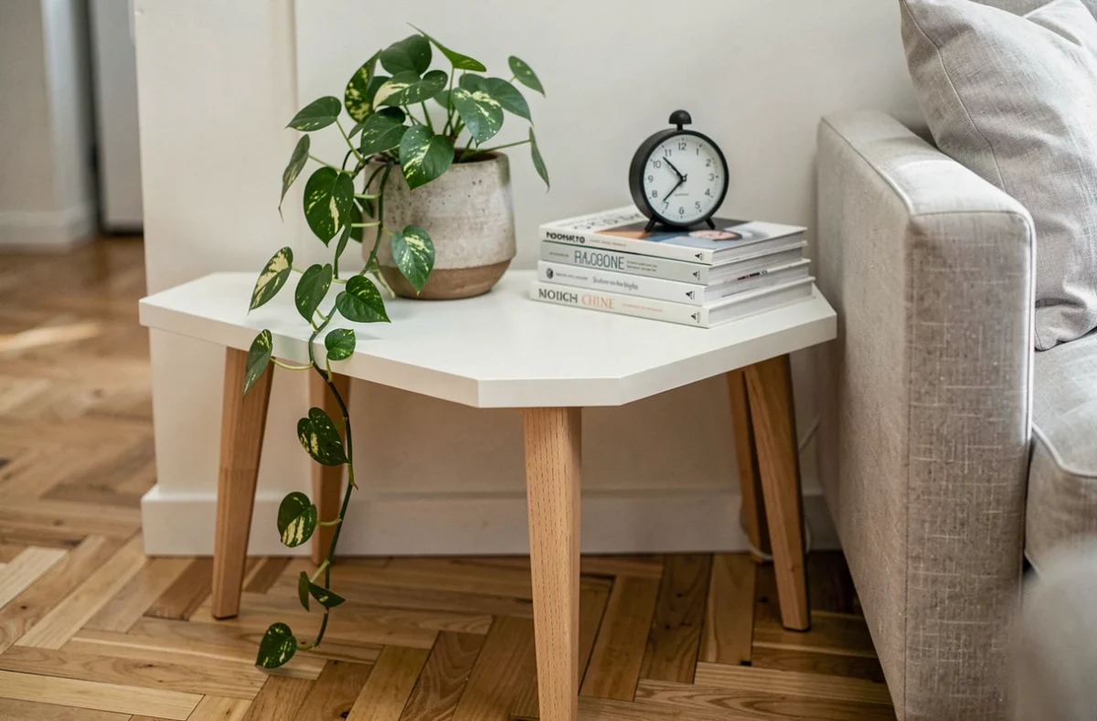 Détail d'un meuble TV d'angle scandinave blanc avec pieds en bois massif et décoration minimaliste