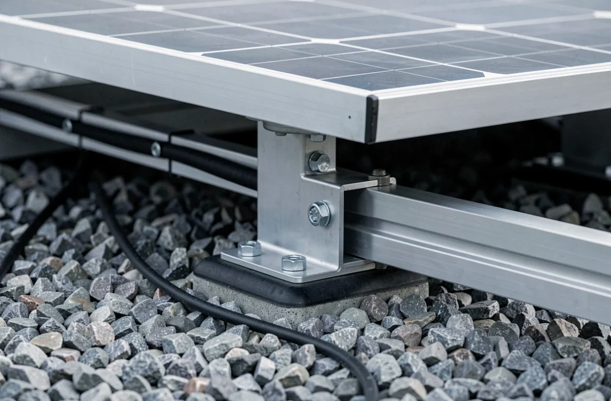 Détail de la fixation et du système de montage sur lest pour panneau solaire sur toit plat