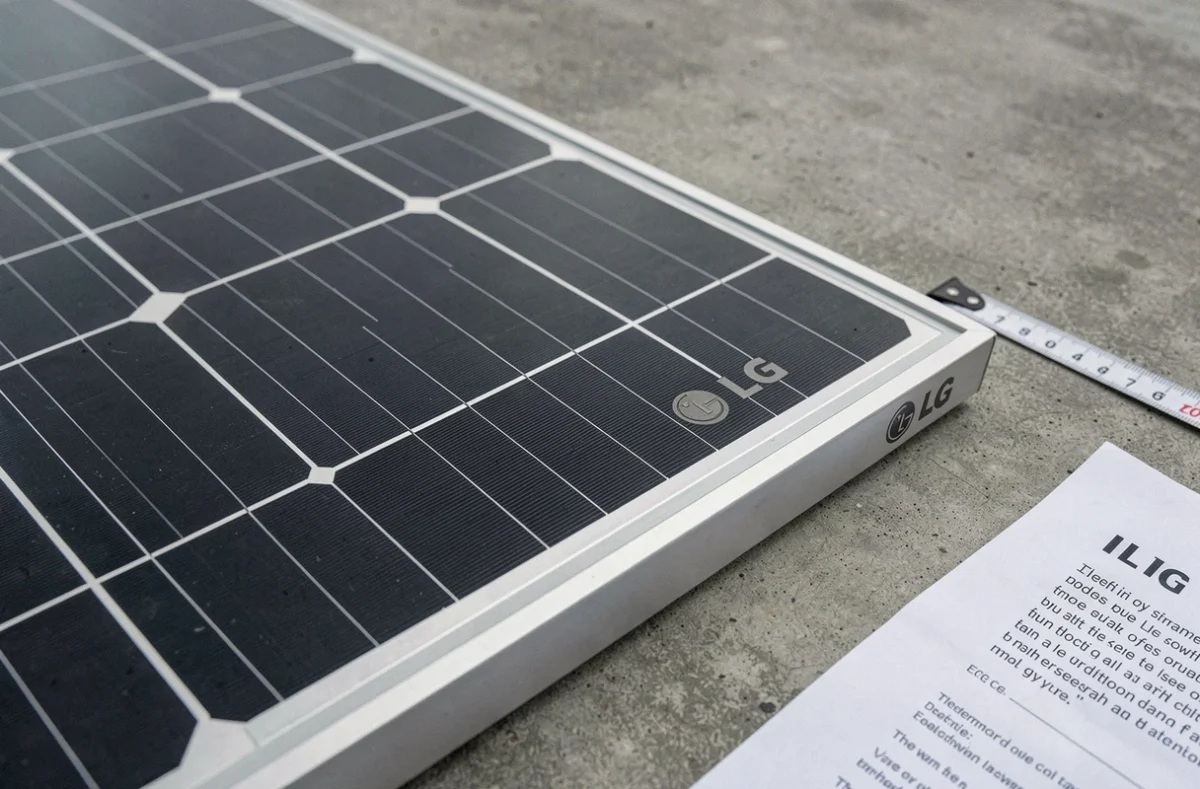 Gros plan sur la surface d'un panneau solaire LG avec devis de prix posé à côté