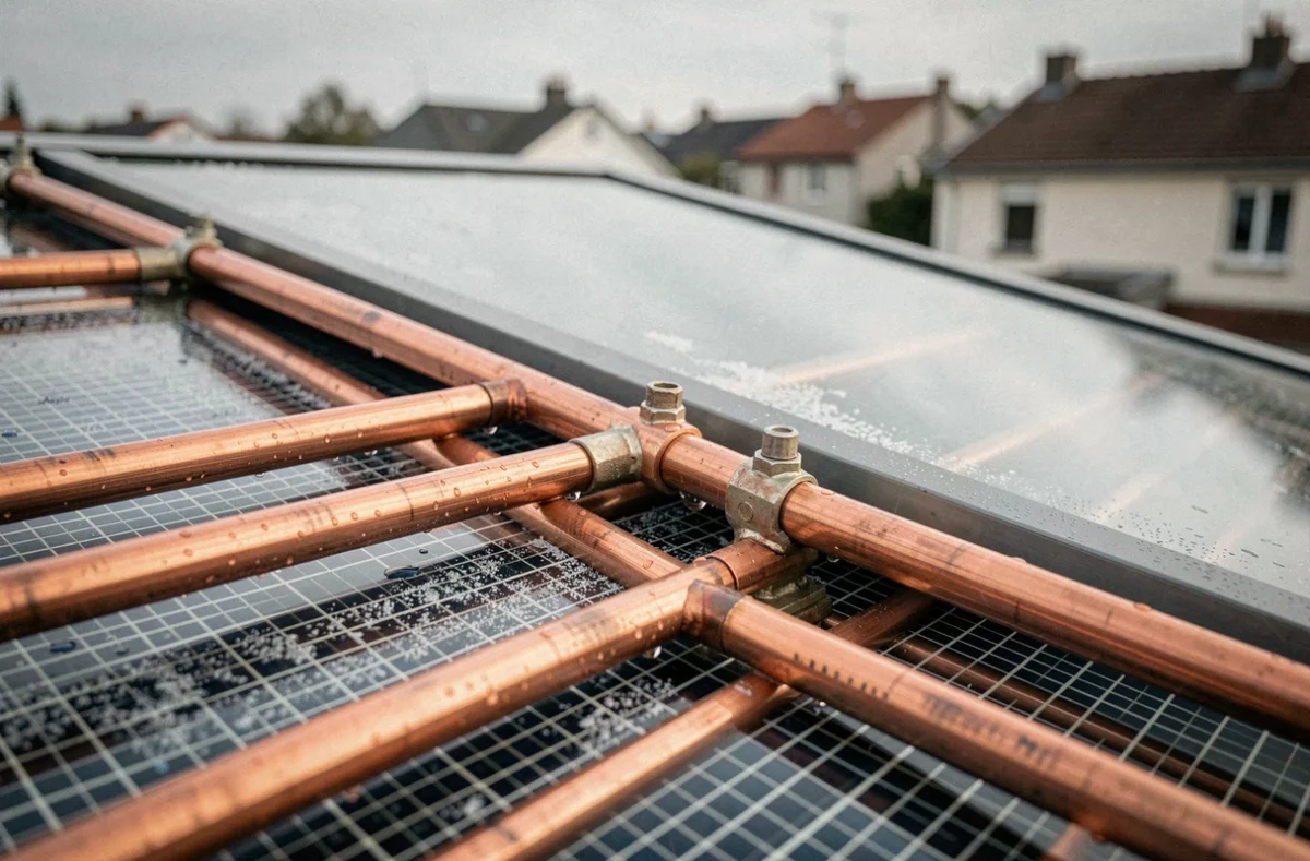 Détail des tubes en cuivre et de l'absorbeur d'un panneau solaire thermique plat