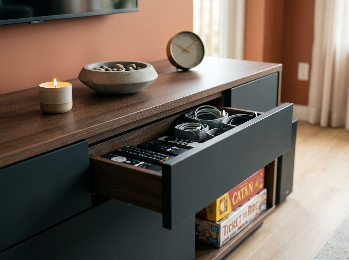 Détail d'un tiroir ouvert de meuble TV anthracite rangé avec télécommandes et câbles organisés dans un salon contemporain