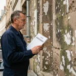 Artisan en bleu de travail tenant un devis de décapage façade sur un échafaudage devant un mur de pierre dégradé