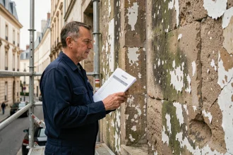 Artisan en bleu de travail tenant un devis de décapage façade sur un échafaudage devant un mur de pierre dégradé