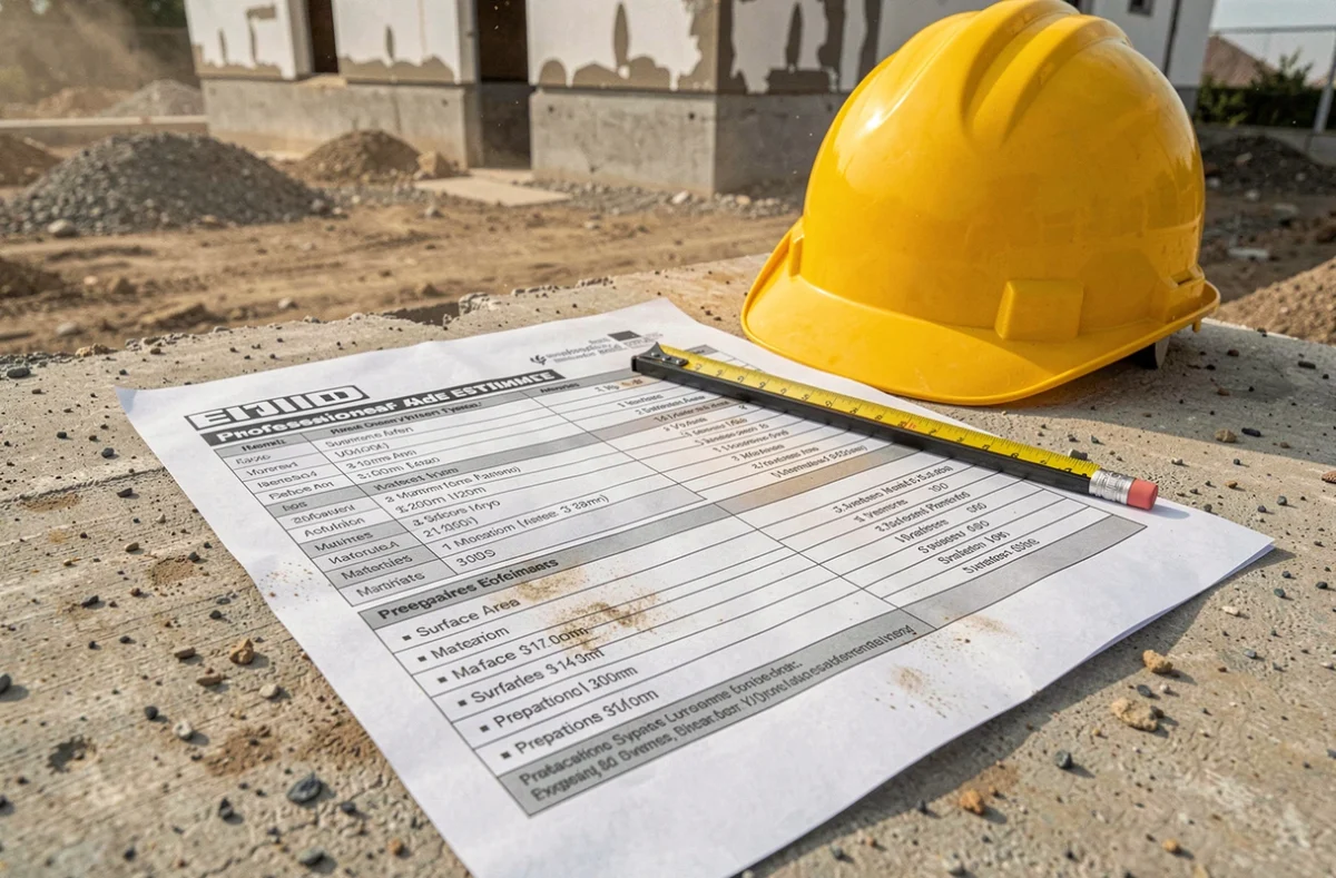 Devis de décapage façade détaillé posé sur un chantier avec casque de sécurité et mètre ruban
