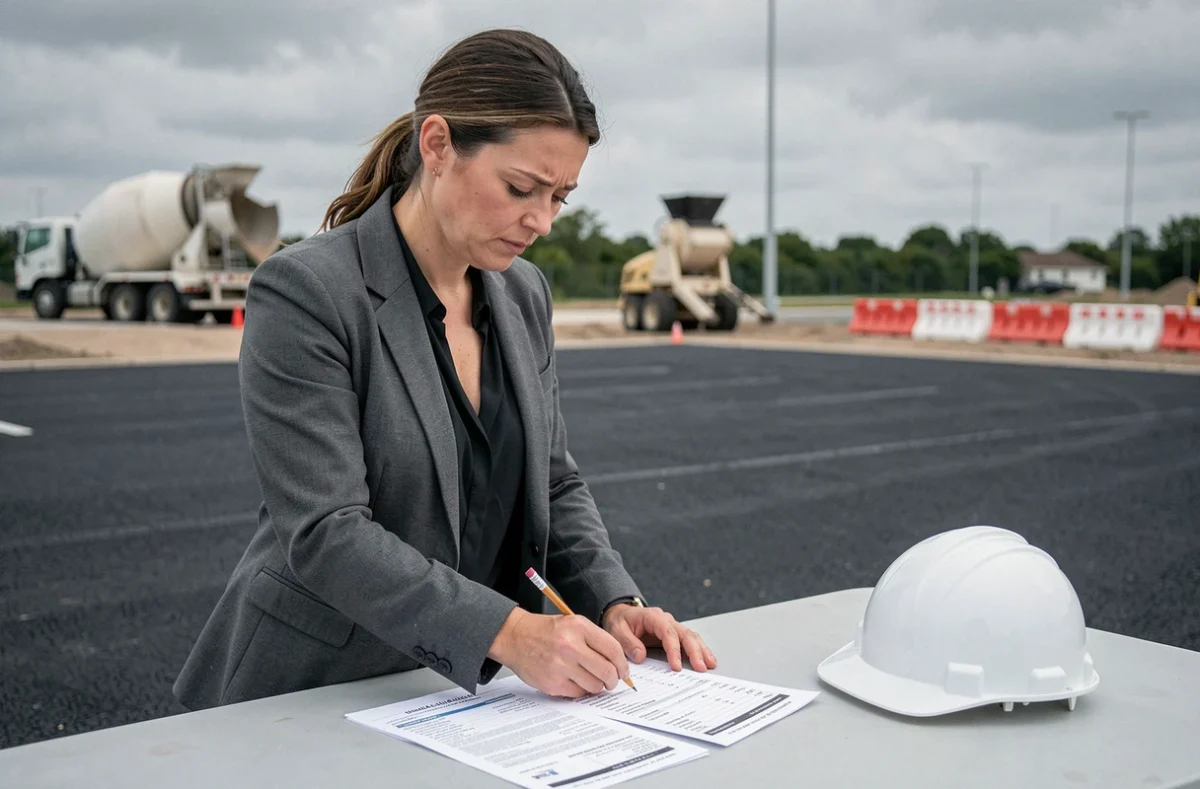 Cheffe de projet analysant un devis d'enrobé drainant sur un chantier de parking