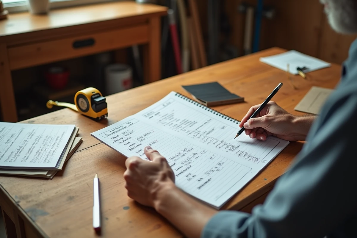 Gros plan sur des mains tenant une estimation de rénovation imprimée avec des calculs manuscrits et des échantillons de matériaux