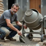 Ouvrier dosant le béton à la pelle dans une bétonnière sur un chantier résidentiel