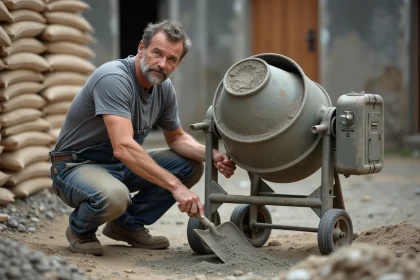 Ouvrier dosant le béton à la pelle dans une bétonnière sur un chantier résidentiel
