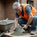 Ouvrier mesurant le dosage de béton depuis un sac de 35 kg sur un chantier résidentiel