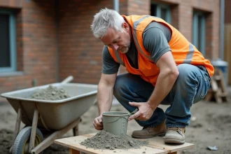 Ouvrier mesurant le dosage de béton depuis un sac de 35 kg sur un chantier résidentiel