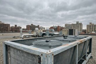 Dry cooler industriel installé sur un toit plat avec échangeurs à ailettes en aluminium et ventilateurs axiaux