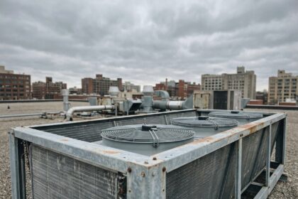 Dry cooler industriel installé sur un toit plat avec échangeurs à ailettes en aluminium et ventilateurs axiaux