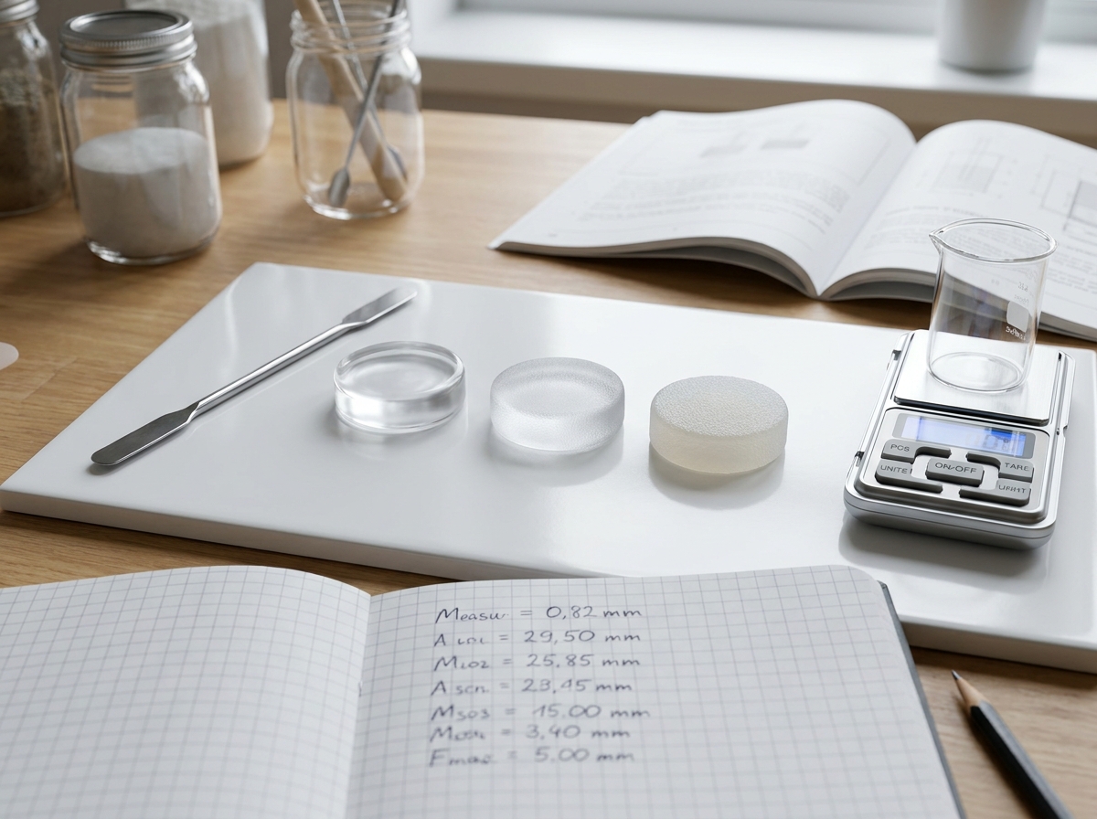 Échantillons de silicone de différentes translucidités posés sur une tuile blanche avec balance et notes manuscrites pour le choix du matériau