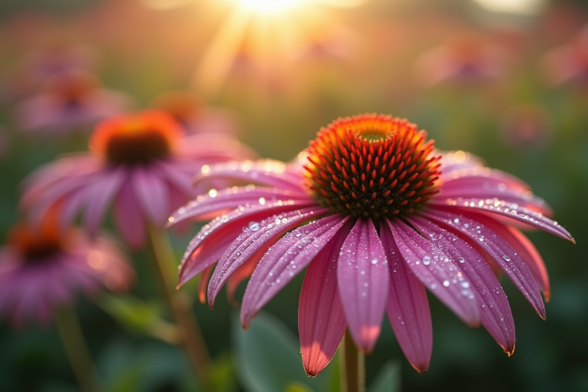 Goutte de rosée sur une fleur d Echinacea en macro