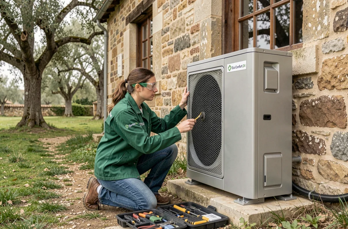 Technicienne Eco Confort 24 vérifiant une installation de pompe à chaleur en Dordogne