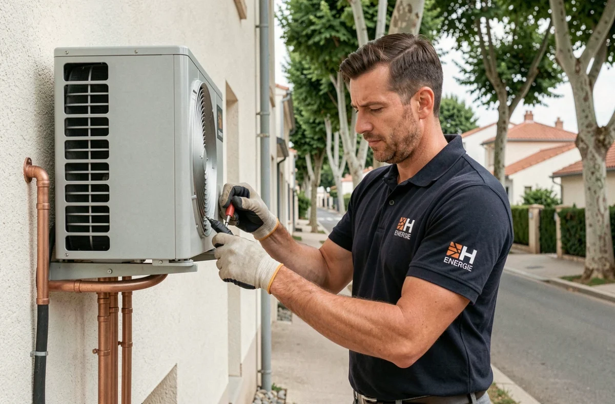 Technicien EH Energie raccordant les lignes frigorifiques d'une pompe à chaleur