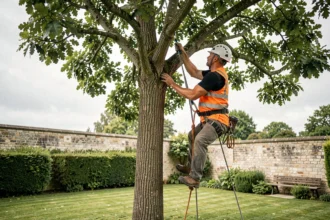 Élagueur professionnel en tenue de sécurité grimpant dans un chêne dans un jardin résidentiel à Nantes