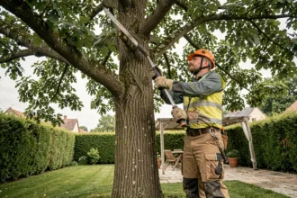 Élagueur professionnel en train de tailler les branches d'un grand chêne dans un jardin résidentiel français