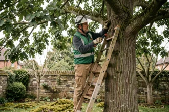 Élagueur professionnel sur échelle en train de tailler une branche de chêne dans un jardin résidentiel avant établissement d'un devis d'élagage