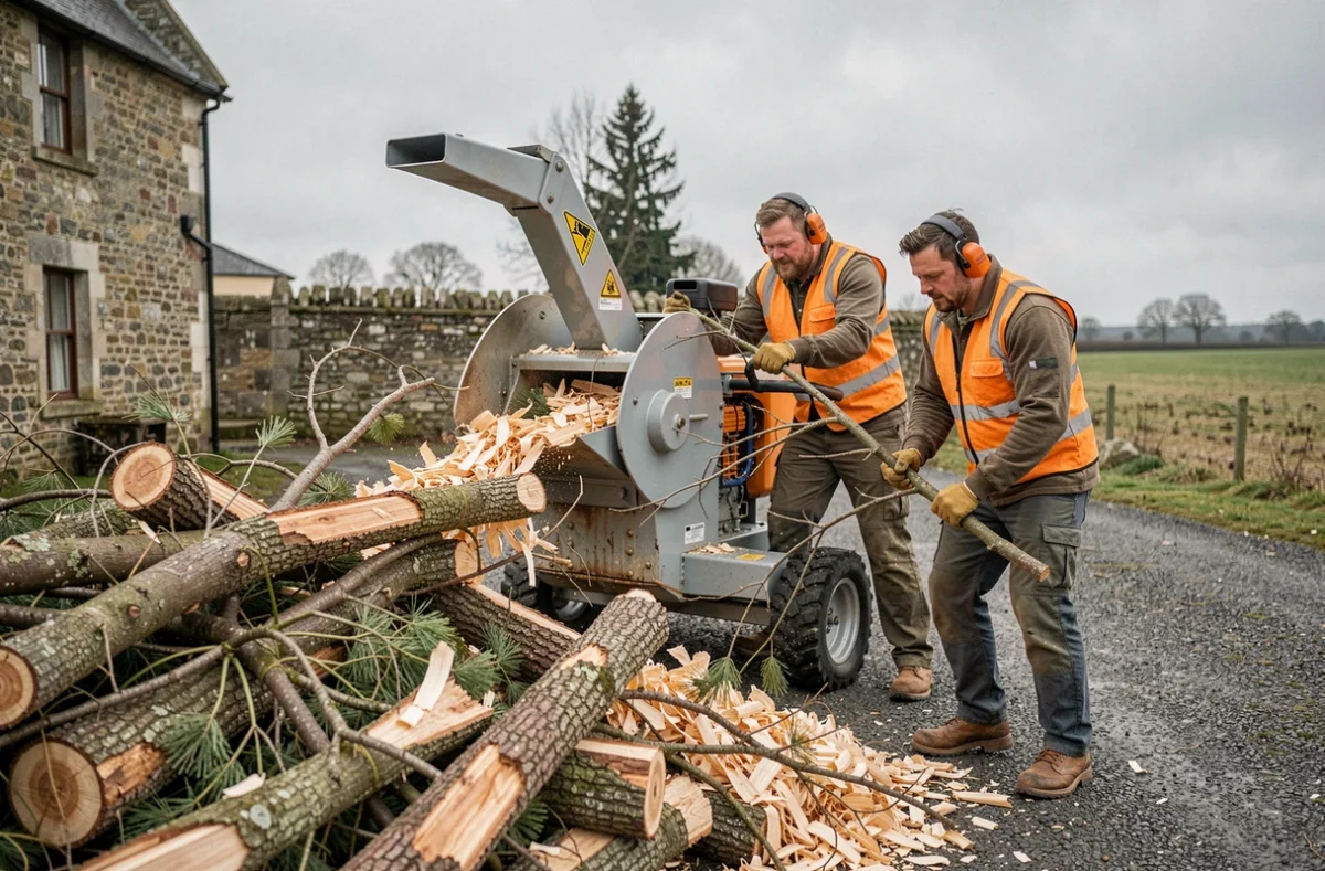 Deux élagueurs au sol avec broyeur de branches après travaux d'élagage sur propriété rurale, résultat visible avant devis