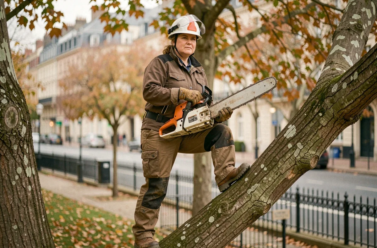 Élagueuse professionnelle avec tronçonneuse sur un platane dans un parc urbain de Nantes