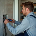 Homme moyenâgeux installant une prise électrique dans un garage