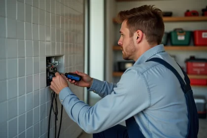 Homme moyenâgeux installant une prise électrique dans un garage
