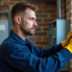 Électricien professionnel inspectant un panneau électrique résidentiel