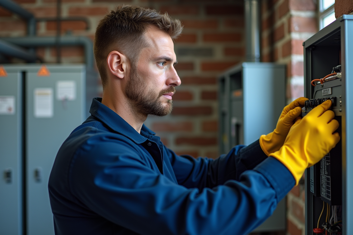 Électricien professionnel inspectant un panneau électrique résidentiel