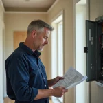 Électricien homme en uniforme lit un schéma électrique dans un couloir