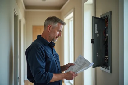 Électricien homme en uniforme lit un schéma électrique dans un couloir