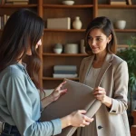 Femme en discussion sur tissus et couleurs dans un salon chaleureux